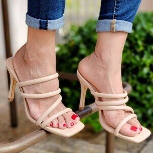 Women's Square Toe Nude Padded Strappy Stiletto Heel Sandals Slip On